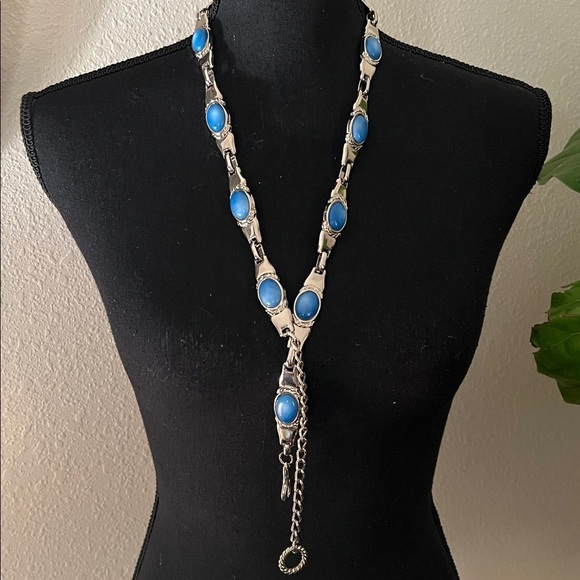 ESCADA Women’s Silver Tone Iridescent Blue Stone Chain Link Belt Made in Spain E main image 14